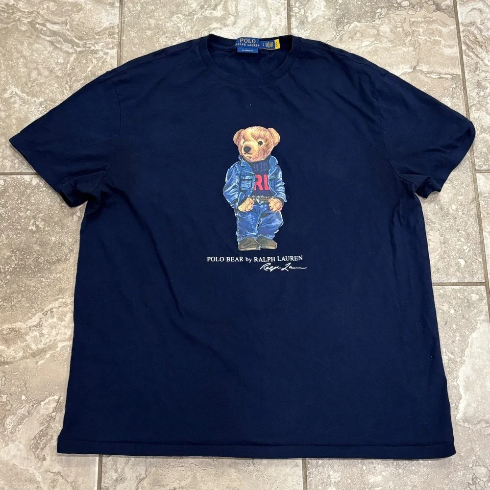 Polo Ralph Lauren Mens Polo Bear T-Shirt Navy Blue Classic Fit Denim Bear Large